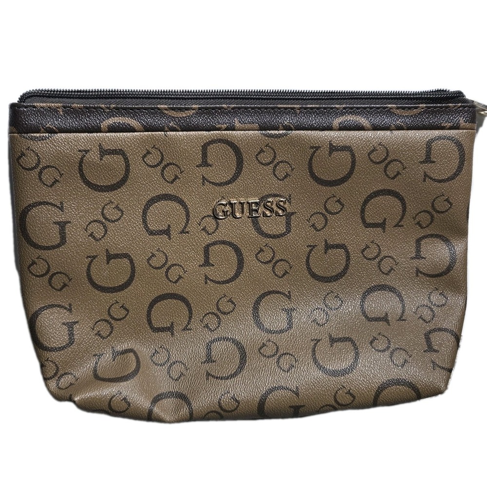 GUESS Make Up Cosmetic Bag Zip Top Closure Brown Tones Gold Tone Trim LOGO